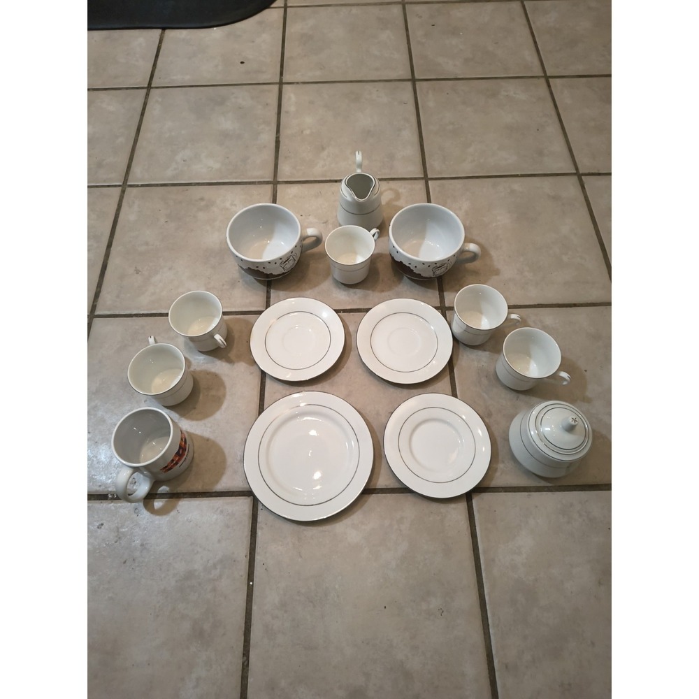 Mixed Porcelain Coffee Cup & Dishware Lot Mugs Plates Creamer Sugar Bowl"
